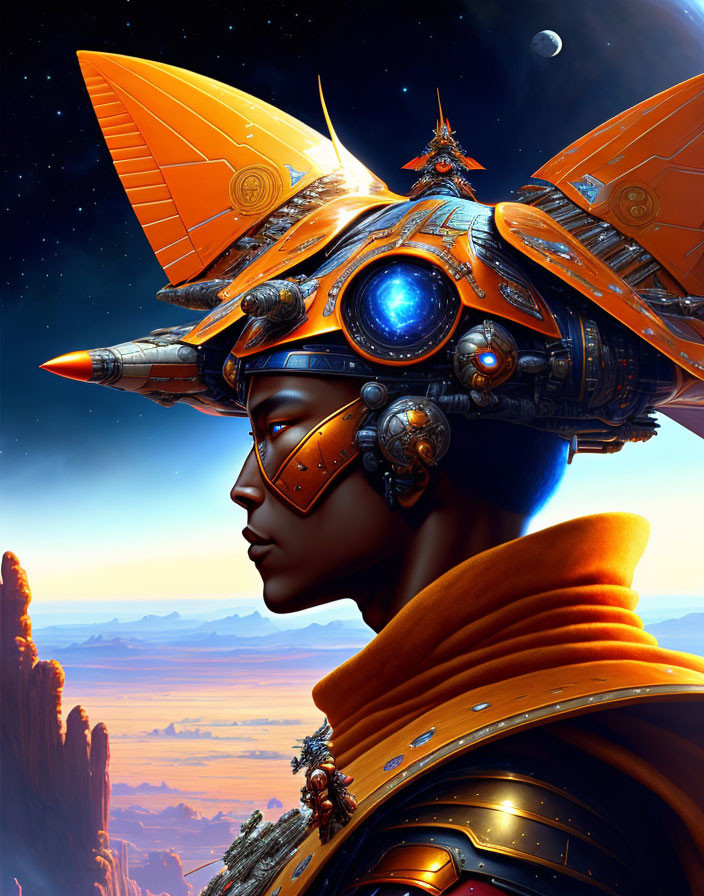 Person with Intricate Futuristic Armor Helmet in Space Setting