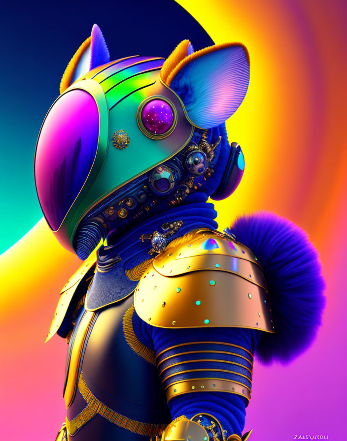 Colorful robotic cat in futuristic armor on vibrant background