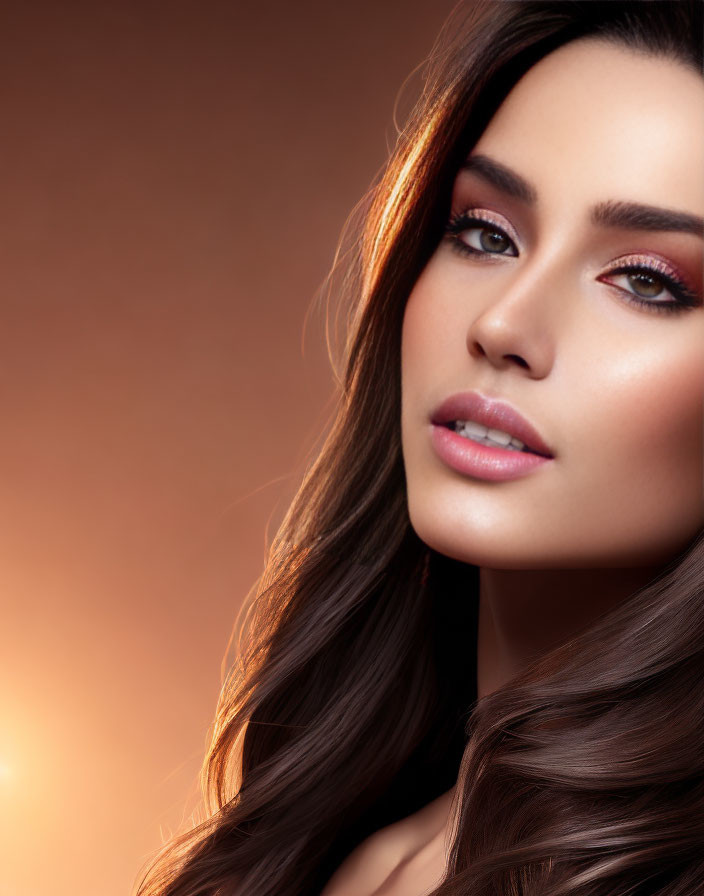 Detailed close-up portrait of woman with dark hair and smokey eyes on warm background