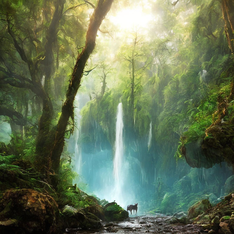 Tranquil forest landscape with waterfall, sunbeams, and deer