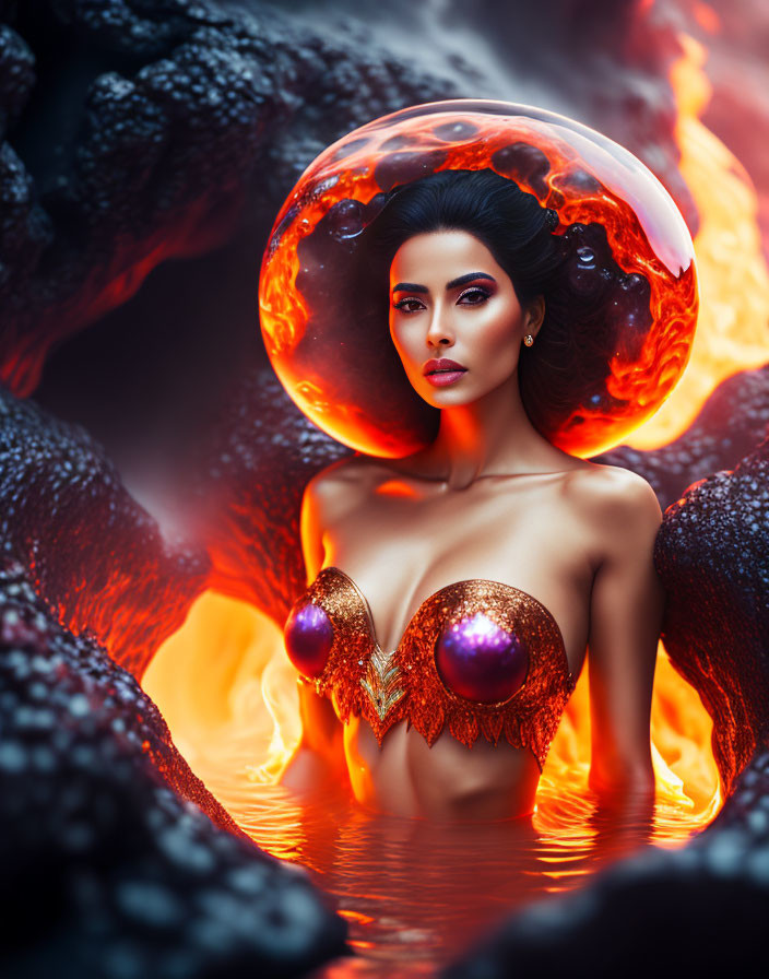 Dramatic makeup woman in fiery sphere with lava textures