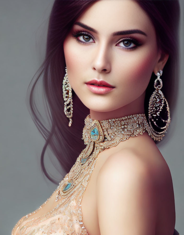 Woman with Striking Makeup and Ornate Outfit Gazing Back