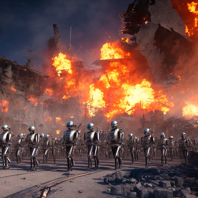 Humanoid robots march through dystopian landscape amid fire and ruins