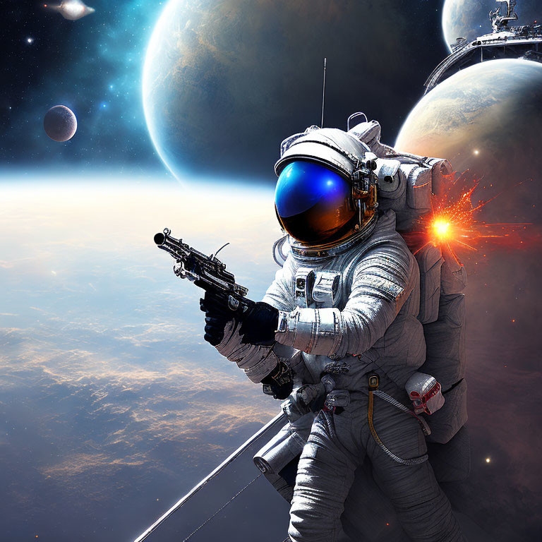 Astronaut with gun in space among planets and star