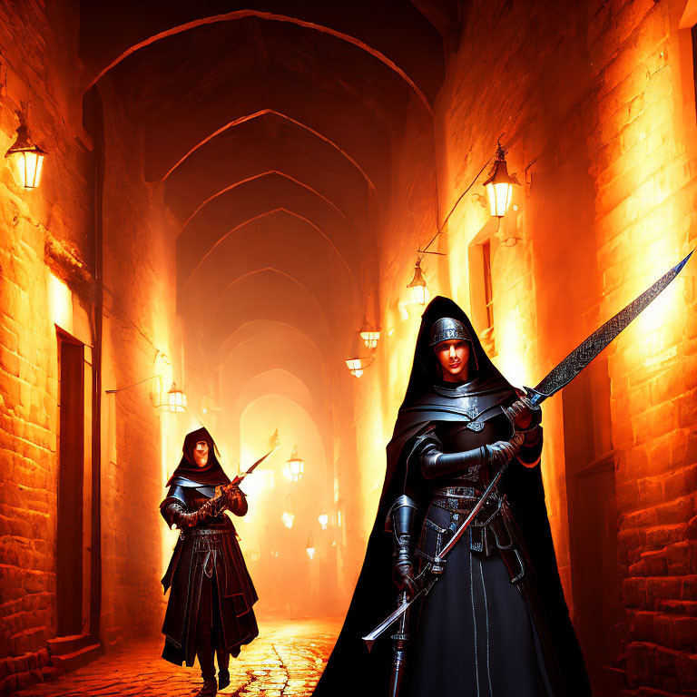 Cloaked figures with swords in dimly lit medieval alleyway