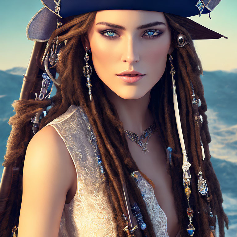 Detailed digital artwork of a woman styled as a pirate with striking blue eyes, dreadlocks, tricorn