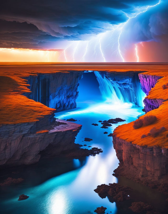 Scenic landscape: blue river, orange canyon cliffs, dramatic sky