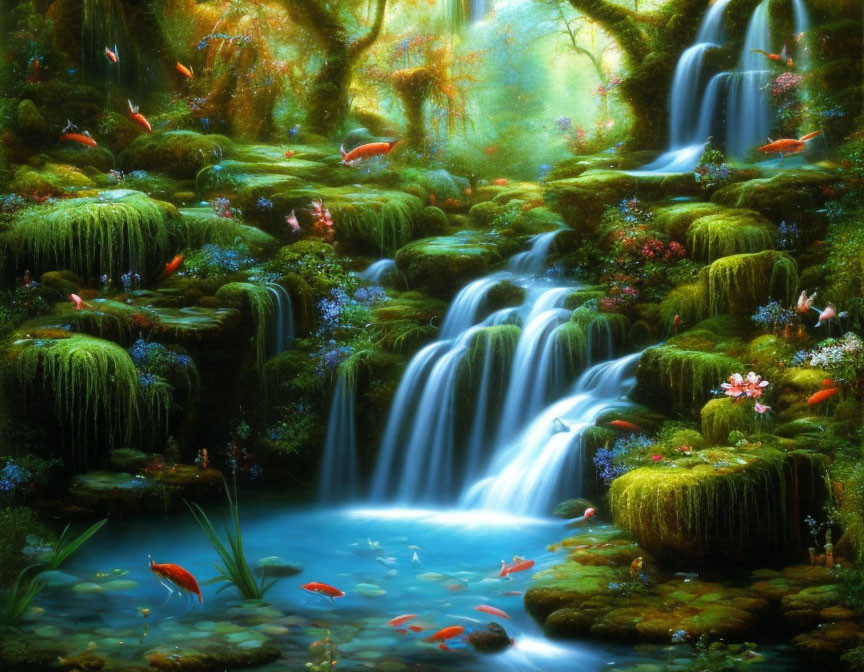 Mystical cascade surrounded by vibrant foliage, flowers, and butterflies