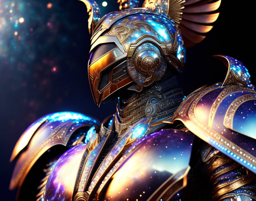 Futuristic warrior in ornate armor with glowing elements on cosmic backdrop