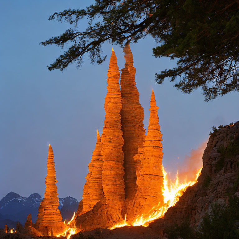 Spires Rock Formations Amid Wildfire, Mountains, and Tree Branch