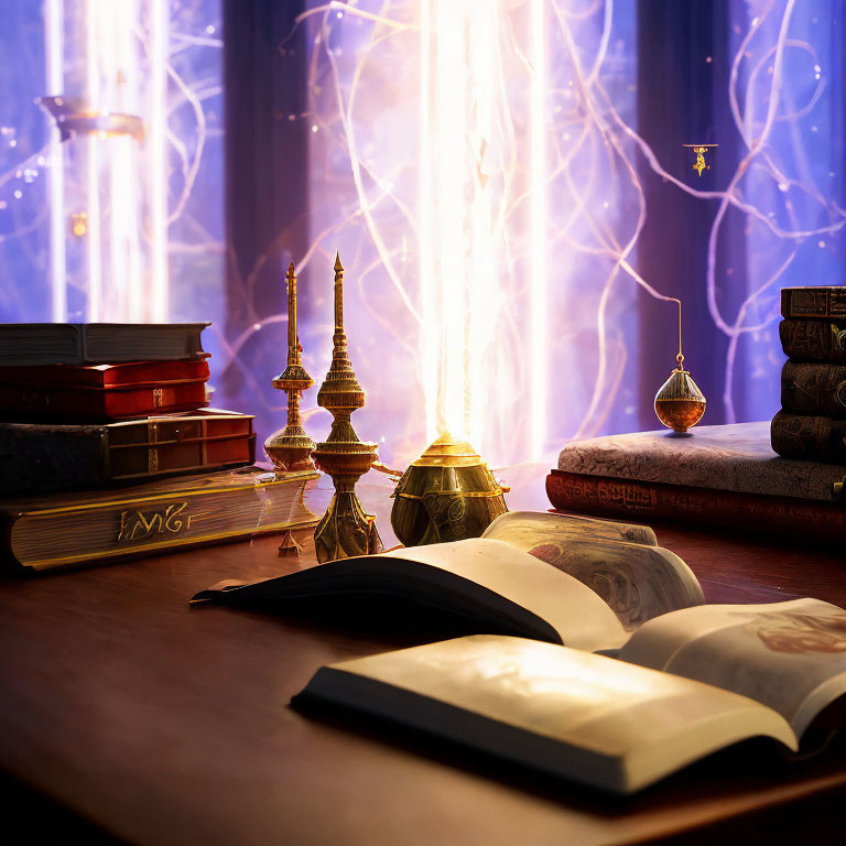 Enchanted study room with open books, ancient tomes, brass lamps, and magical energy