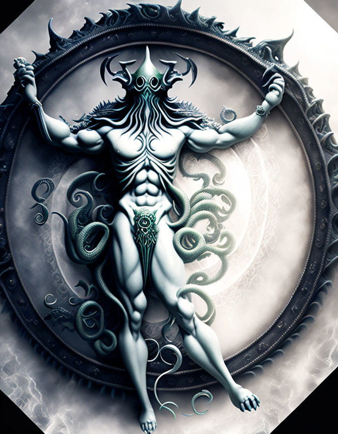 Monochromatic mythical creature with tentacles, horns, and intricate adornments on circular backdrop