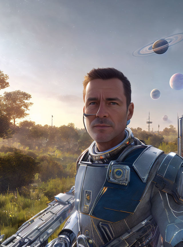 Futuristic armor man in serene field with planets and bubbles