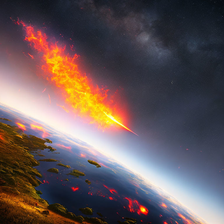 Surreal image of Earth's surface with fiery meteor in twilight sky