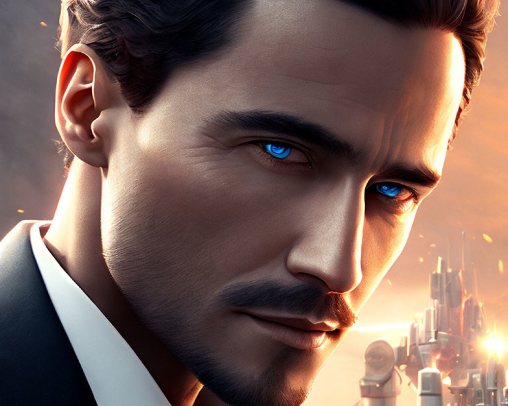 Close-up digital art of man with blue eyes, dark hair, suit, against futuristic cityscape.