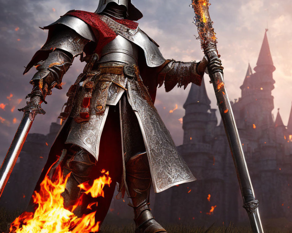 Ornate armored knight with flaming spear at castle dusk