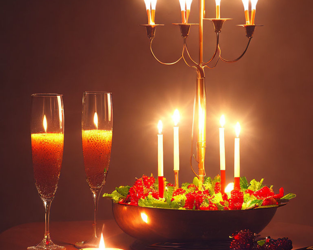 Champagne glasses, candelabrum, and salad on dimly lit table