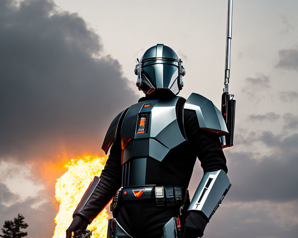 Futuristic robot costume with silver helmet and staff in front of fiery explosion at dusk