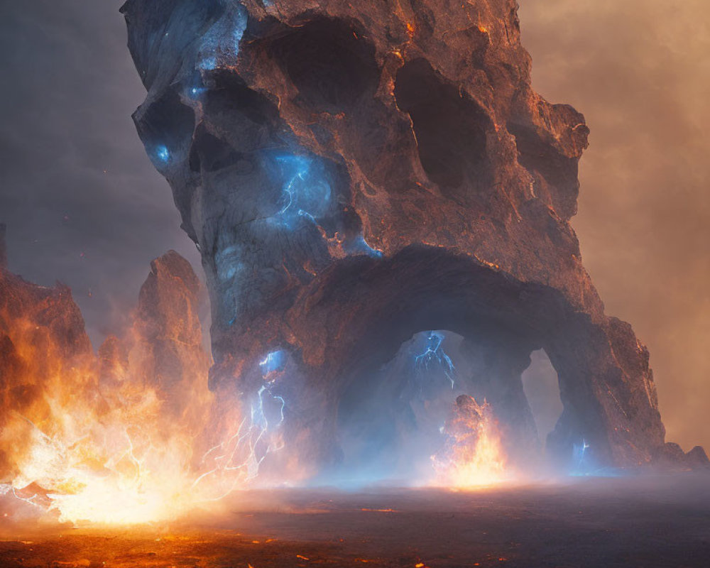 Volcanic landscape with glowing lava, blue cracks, archways, and ethereal glow