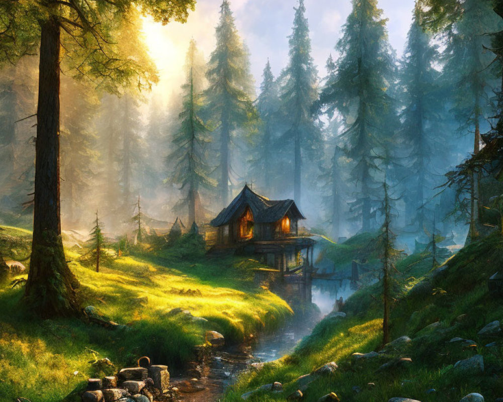 Tranquil woodland cabin by stream in misty forest