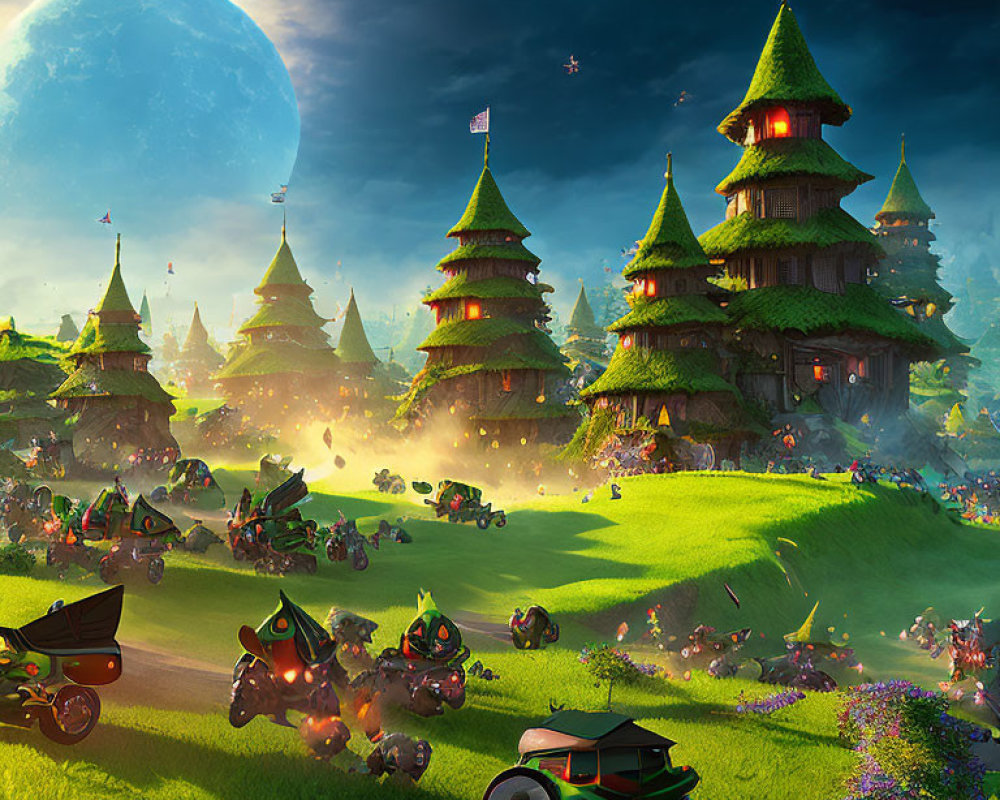 Whimsical fantasy landscape with tree-like houses, colorful flora, creatures, vintage cars, large moon