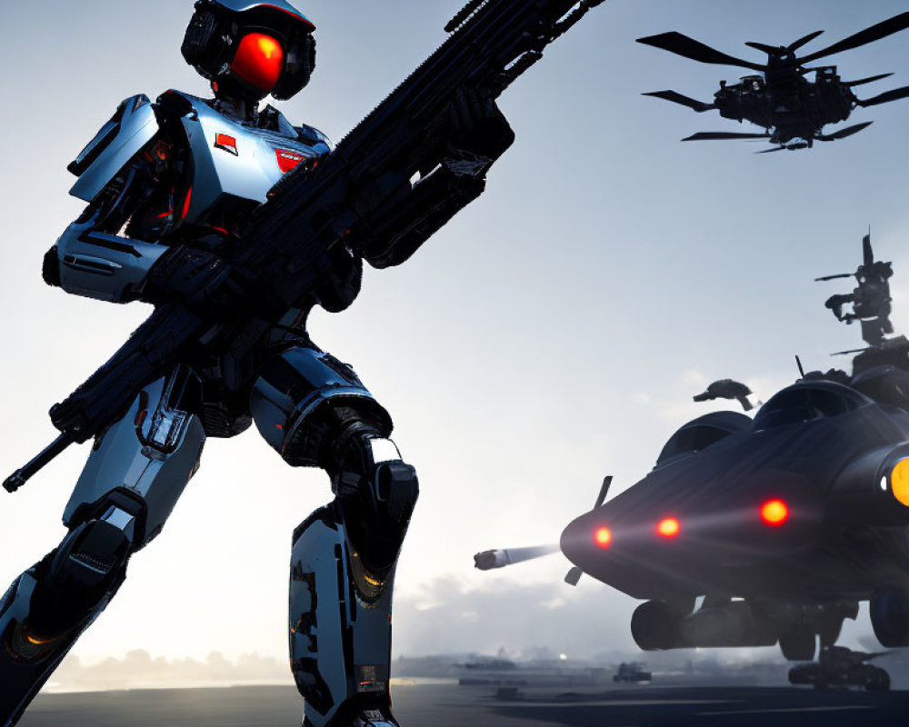 Futuristic robot with gun on runway at dusk with helicopters and aircraft