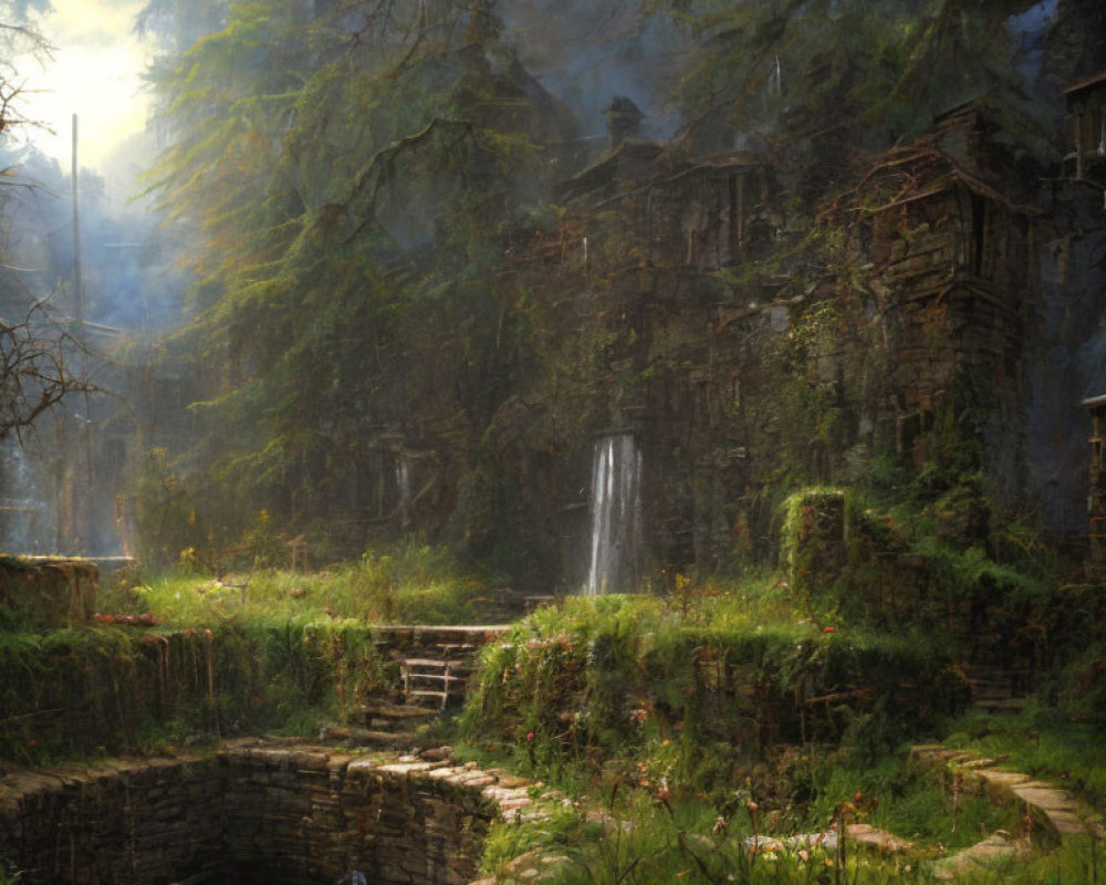 Sunlit forest scene with ancient ruins, overgrown well, and gentle waterfall.