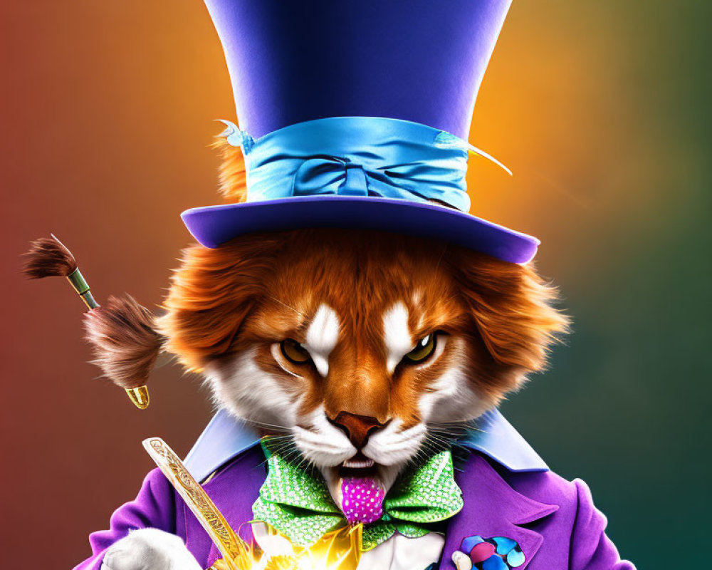 Anthropomorphic tiger in dapper magician attire with tall purple hat and sparkly magic trick