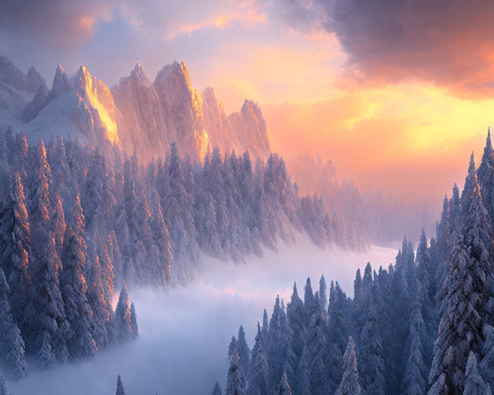 Snowy Mountain Peaks and Misty Evergreen Trees in Soft Pastel Light