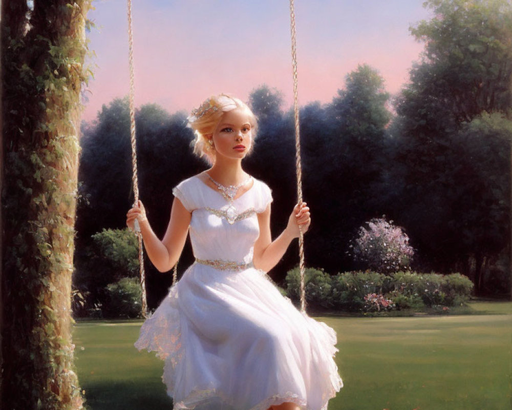 Woman in White Dress on Swing in Nature Setting