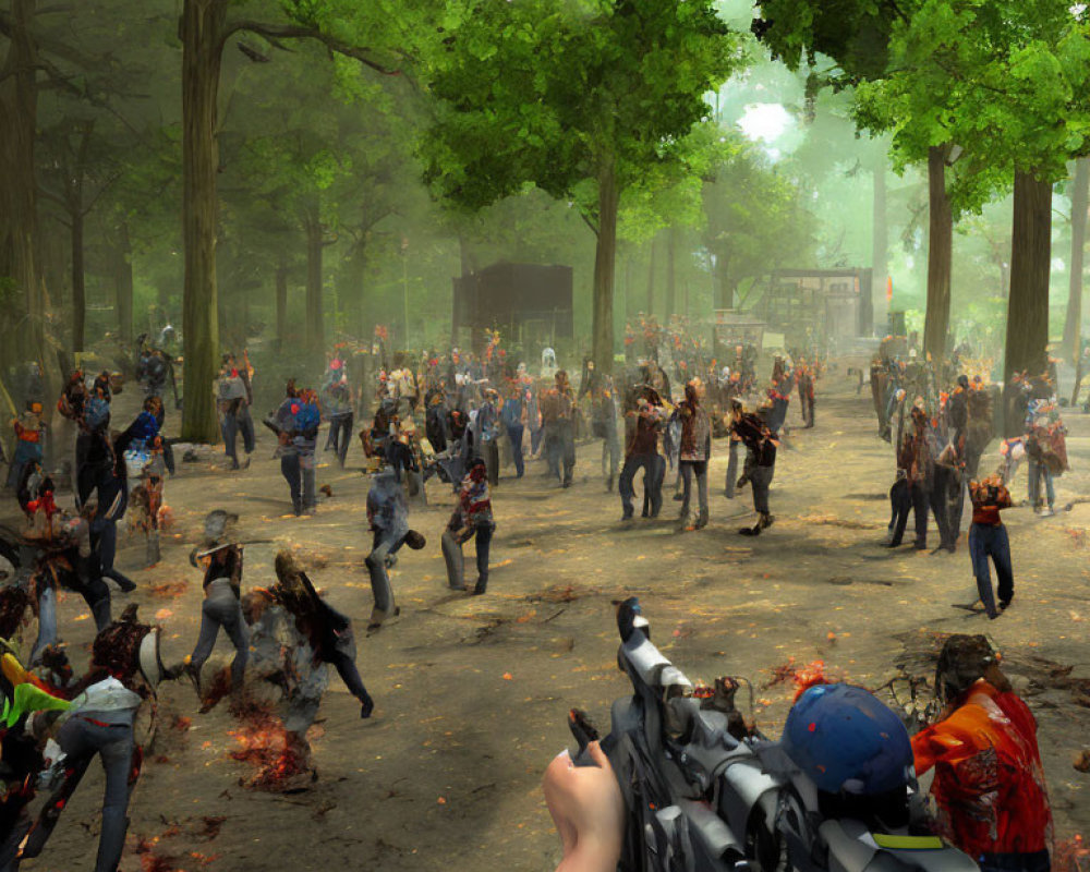 Virtual character shooting zombies in forested park with fire and chaos.