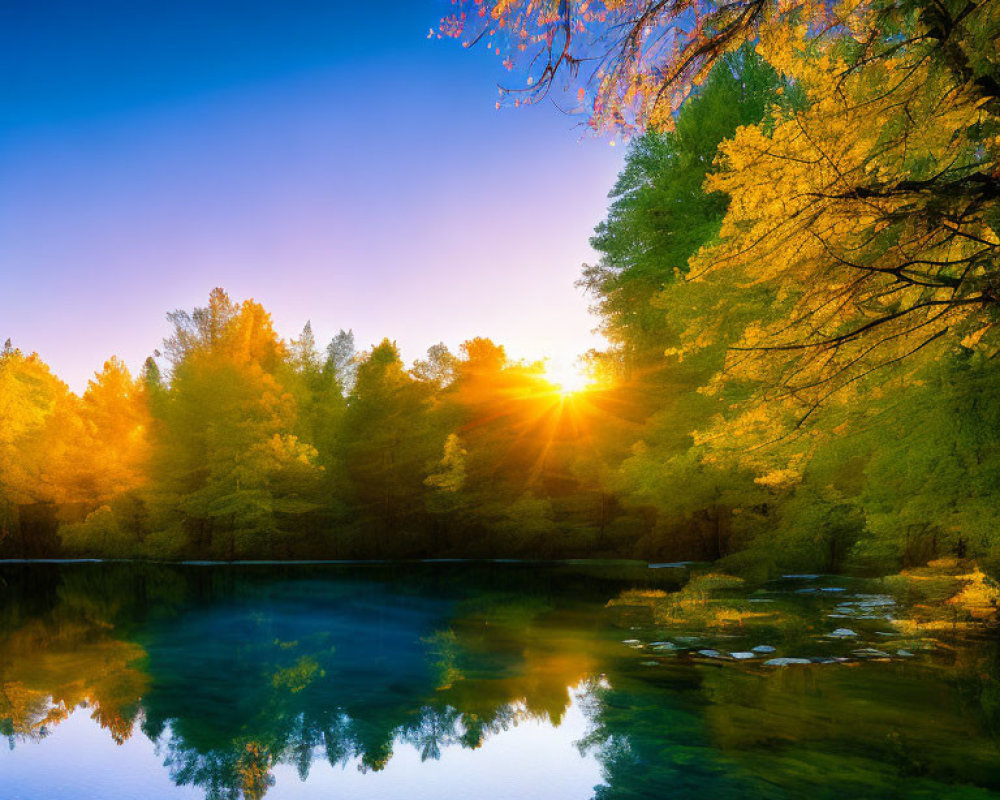 Serene Sunrise Scene: Lake with Vibrant Tree Reflections