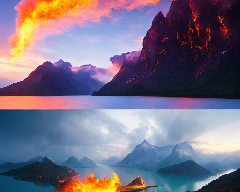 Tranquil lake and fiery sky over mountains in composite image