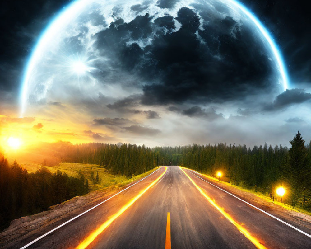 Surreal landscape with road, trees, massive moon, and suns