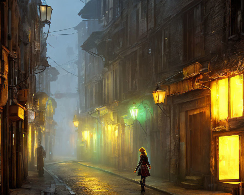 Person Walking Alone in Misty, Historic Street at Dusk