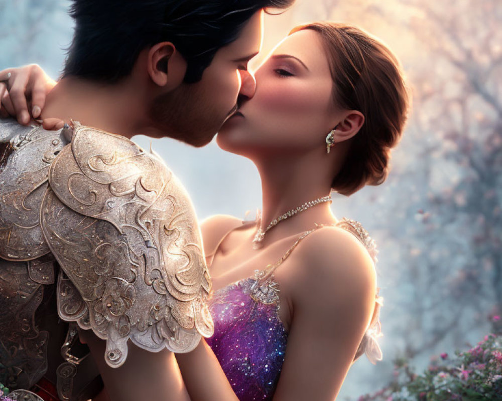 Romantic kiss between animated couple in mystical forest with blossoming flowers