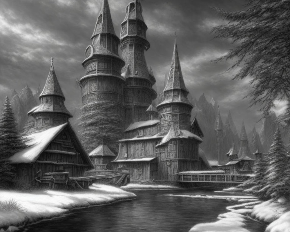 Monochrome whimsical fairy-tale castle by tranquil river