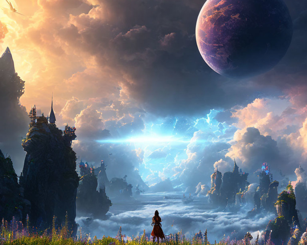 Person in vibrant field views fantastical landscape with floating islands, grand castle, and giant planet.