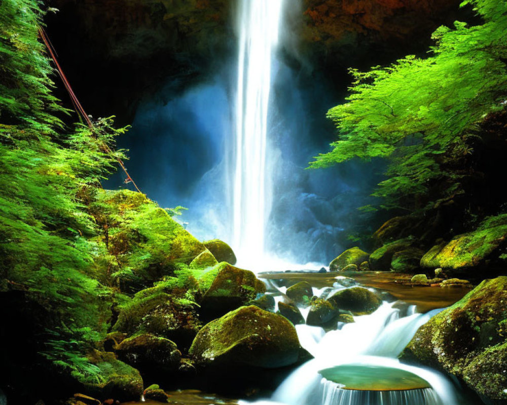 Tranquil waterfall surrounded by lush green foliage