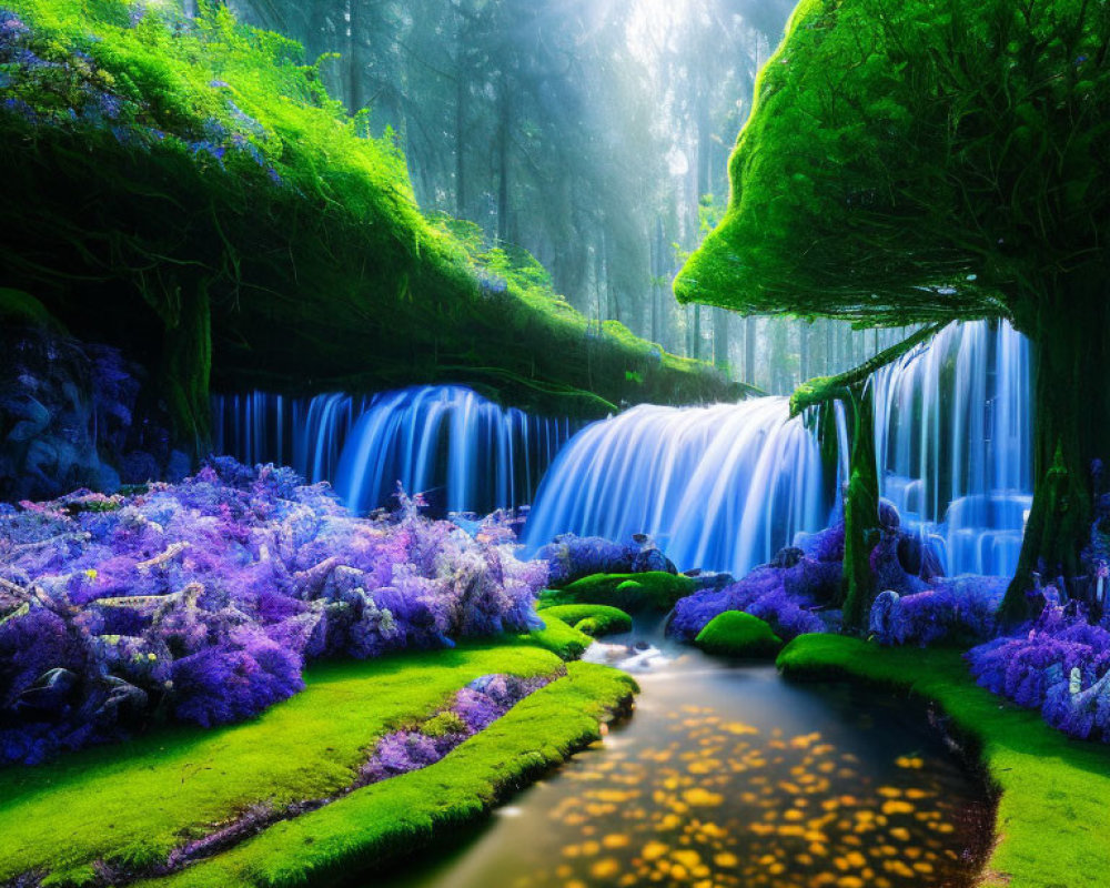 Serene forest scene with purple flowers, mossy ground, and sunlit waterfall