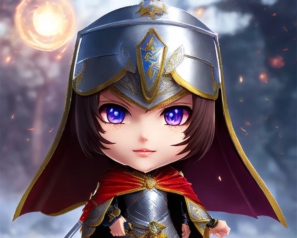 Chibi-style animated character in ornate medieval armor with purple eyes and magical orb on frosty backdrop