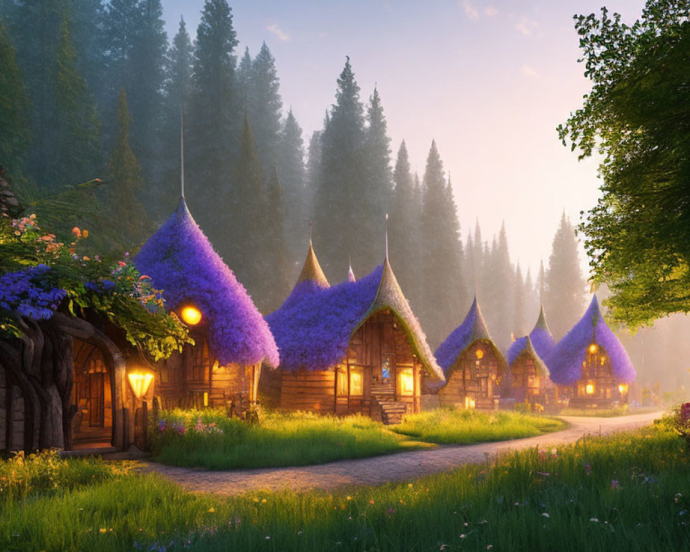 Thatched-roof cottages in a lush forest setting at dawn or dusk