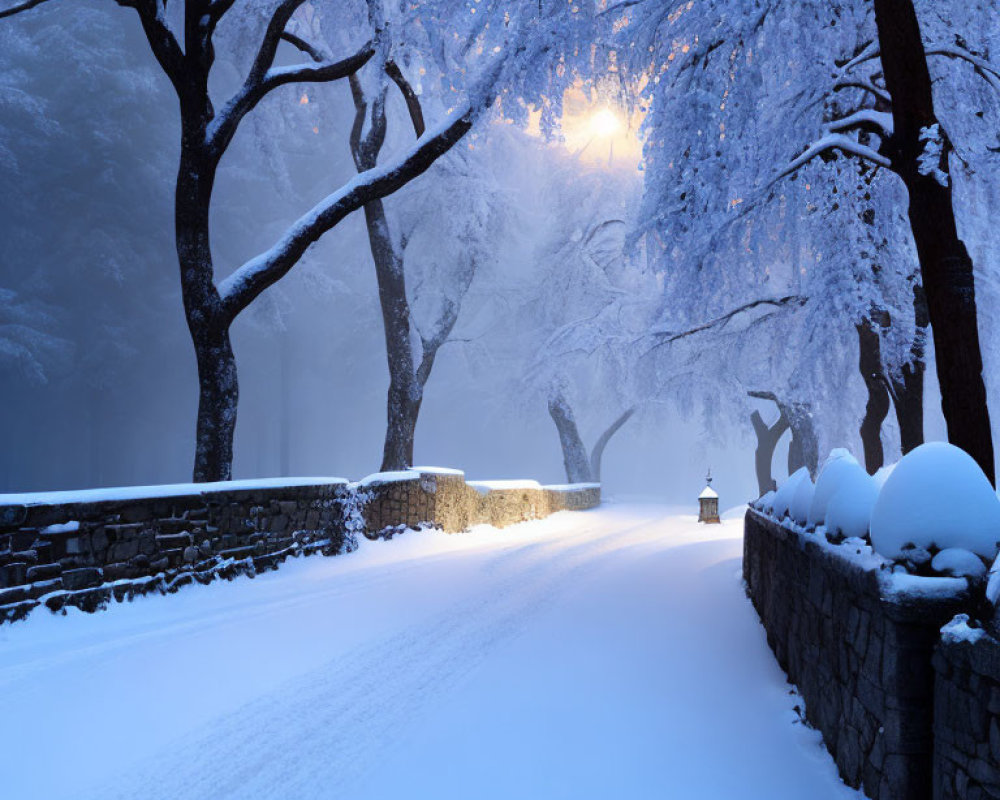 Snowy Dusk Landscape with Snow-Covered Trees and Lantern Path