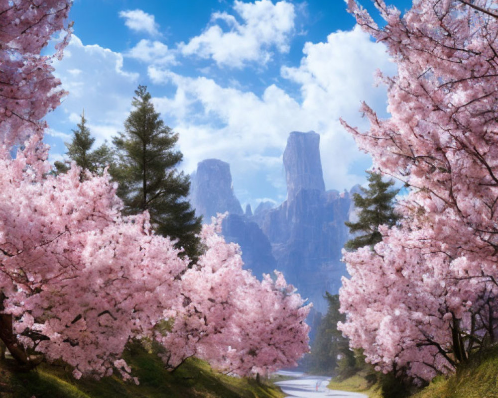 Pink Cherry Blossoms Lining Scenic Road to Rock Formations