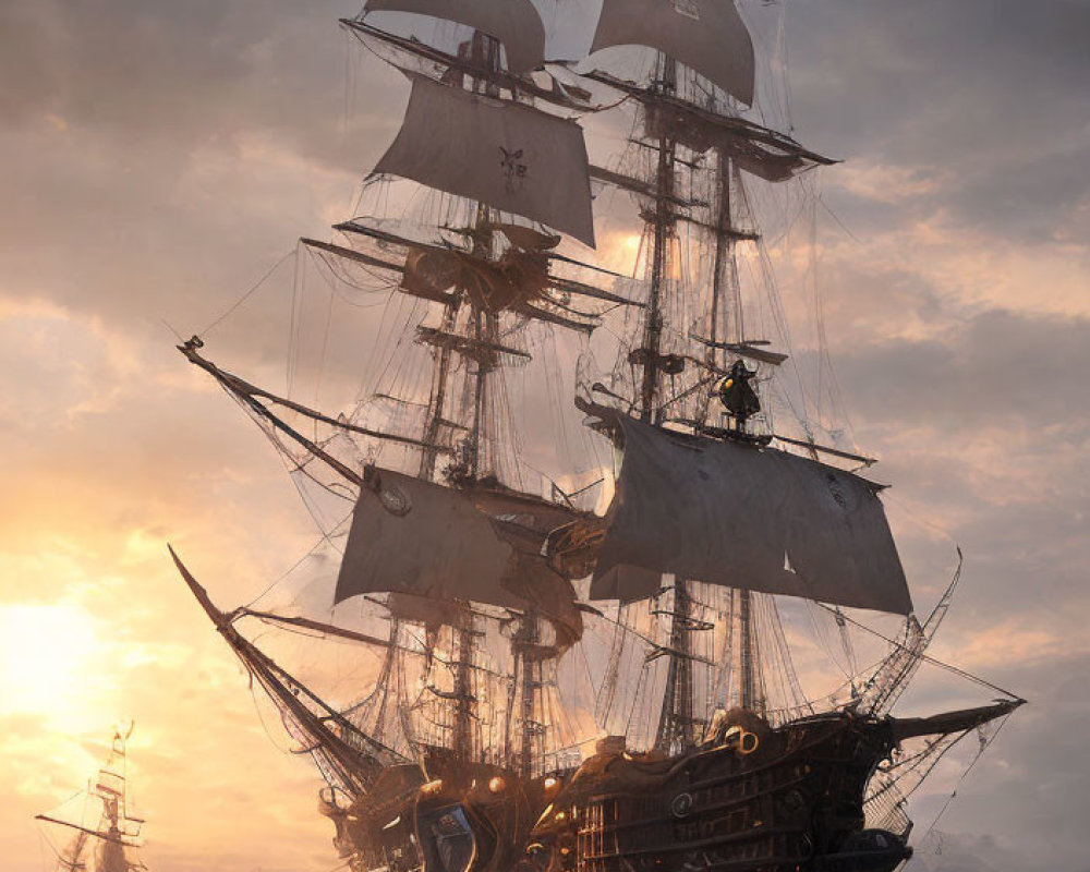 Tall ship with billowing sails on golden-lit sea