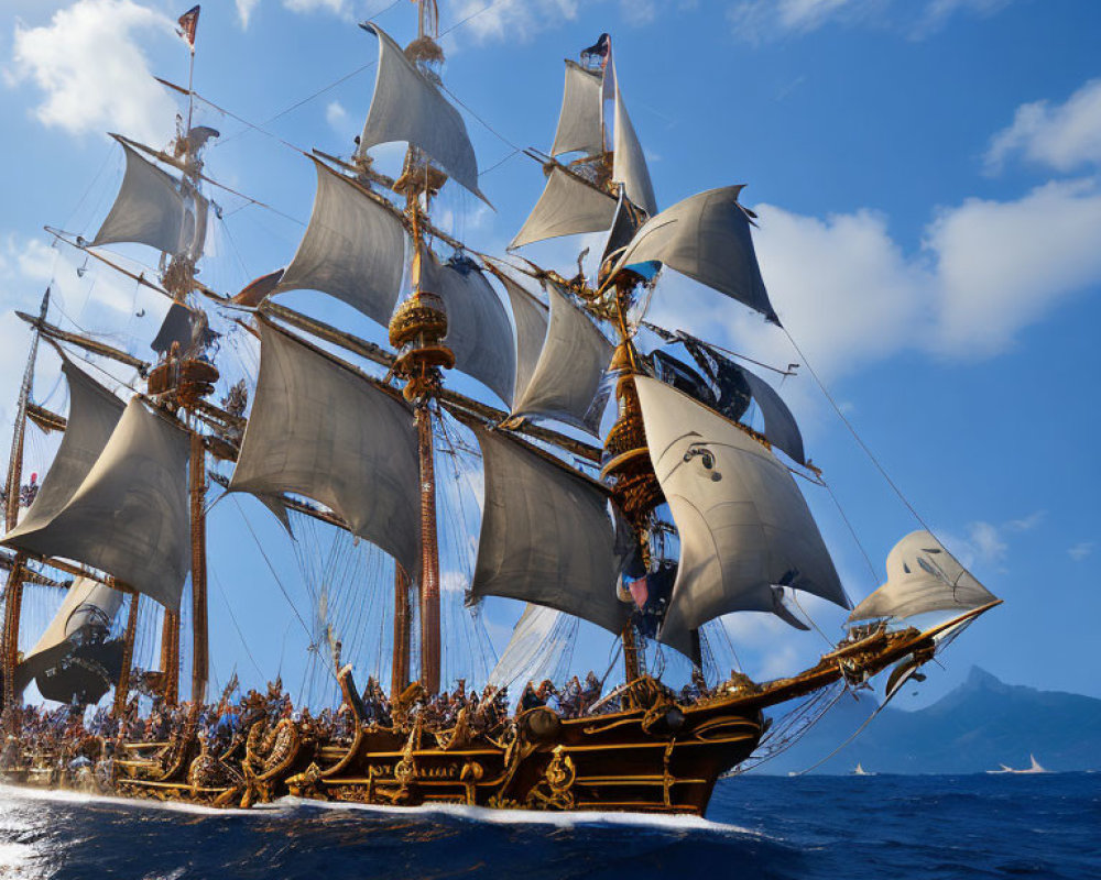 Majestic tall ship with multiple sails and golden decorations against blue sky