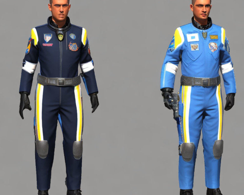 Male character in two space agency uniforms: dark blue and blue with yellow accents