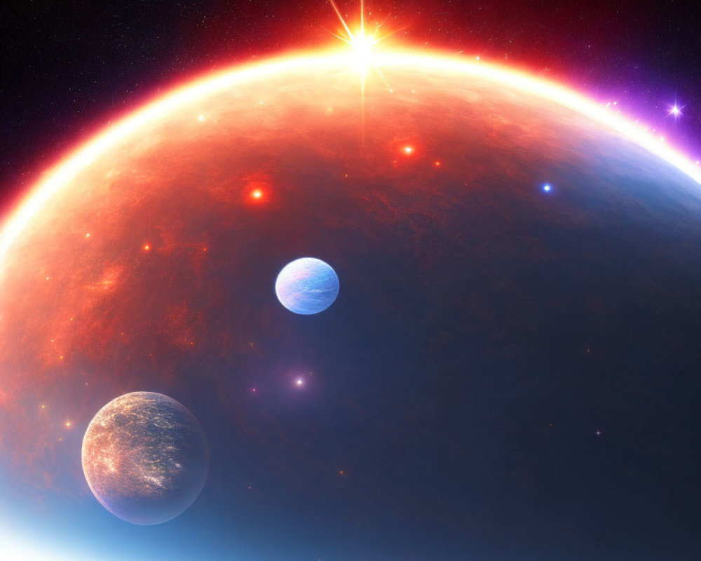 Colorful space scene with red planet, moons, and bright star.
