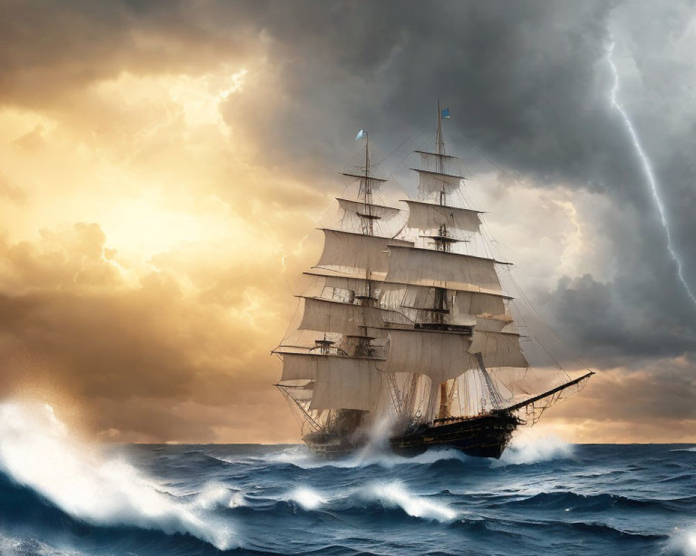 Tall ship sailing on turbulent seas under stormy skies