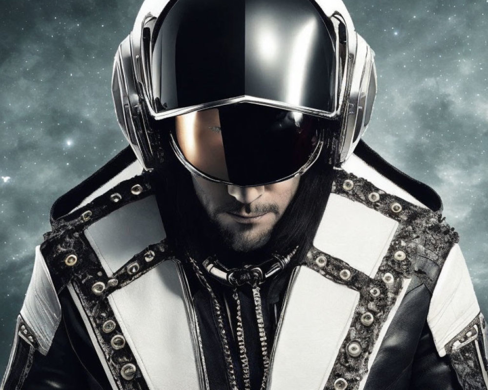 Futuristic helmet and stylish metallic jacket on starry background